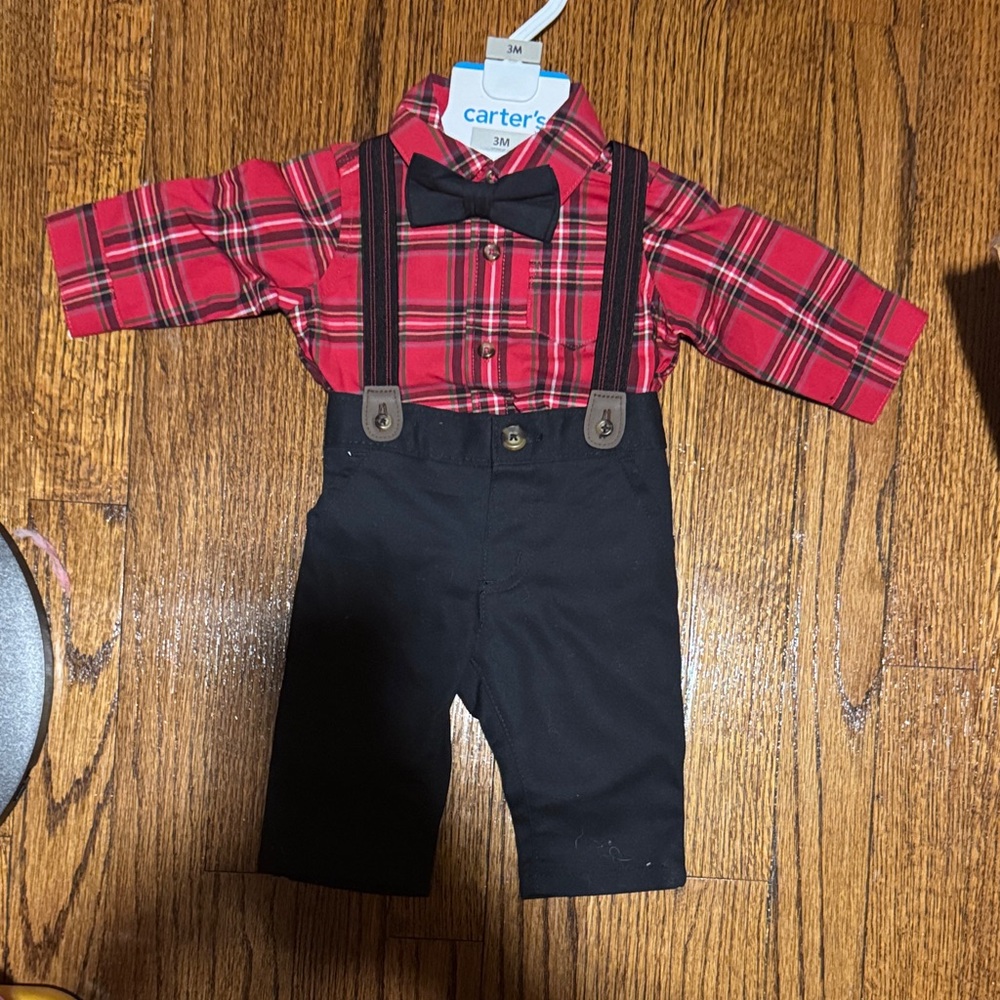 Carter's Red Plaid Shirt and Black Suspender Pants Set